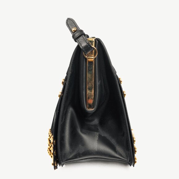 Prada Nero Saffiano Leather Studded Fringe Frame Shoulder Bag - Picture 3 of 14